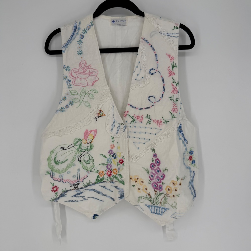 VTG B J DESIGNS EMBROIDERED LINEN PATCHWORK VEST COTTAGECORE CRINOLINE LADY